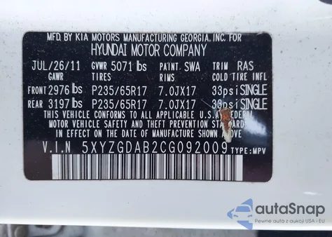 2012 Hyundai Santa Fe Gls from USA, damaged, VIN 5XYZGDAB2CG092009